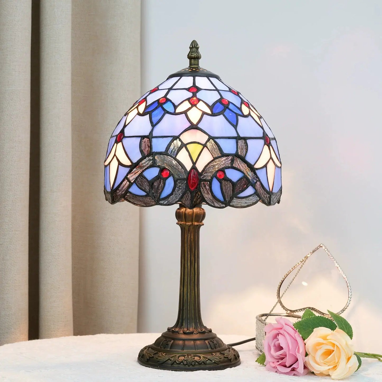 8inch Stained Glass Baroque Lampshade Tiffany Table Lamp Blue Desk Light - CTL