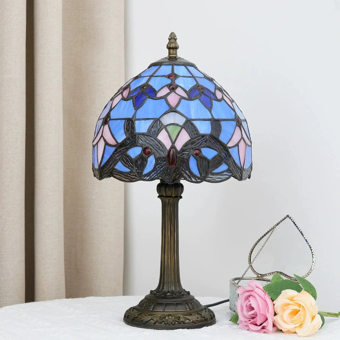 8inch Stained Glass Baroque Lampshade Tiffany Table Lamp Blue Desk Light - CTL