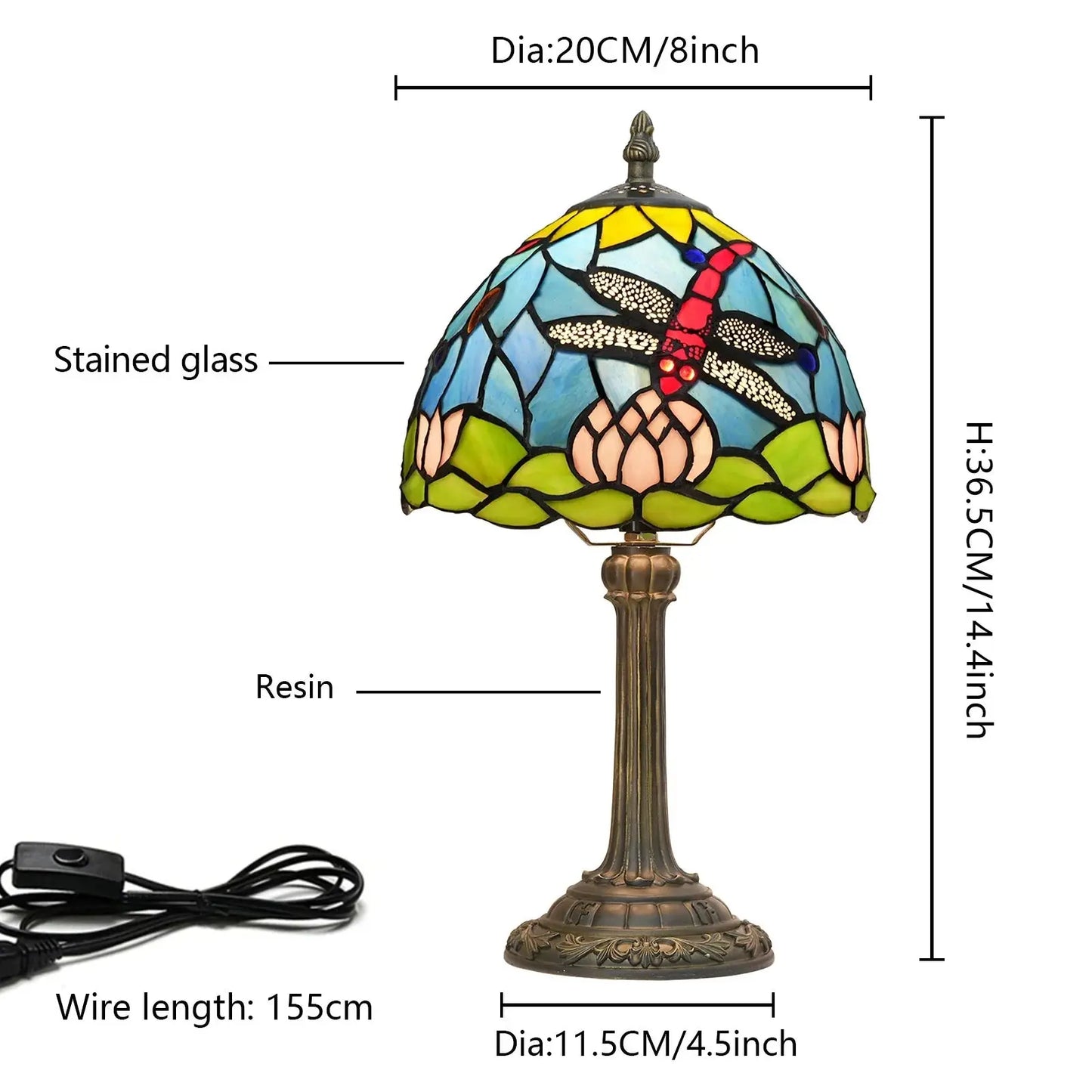 8inch 20cm Stained Glass Garden Lotus Lampshade Tiffany Dragonfly Table Lamp - CTL