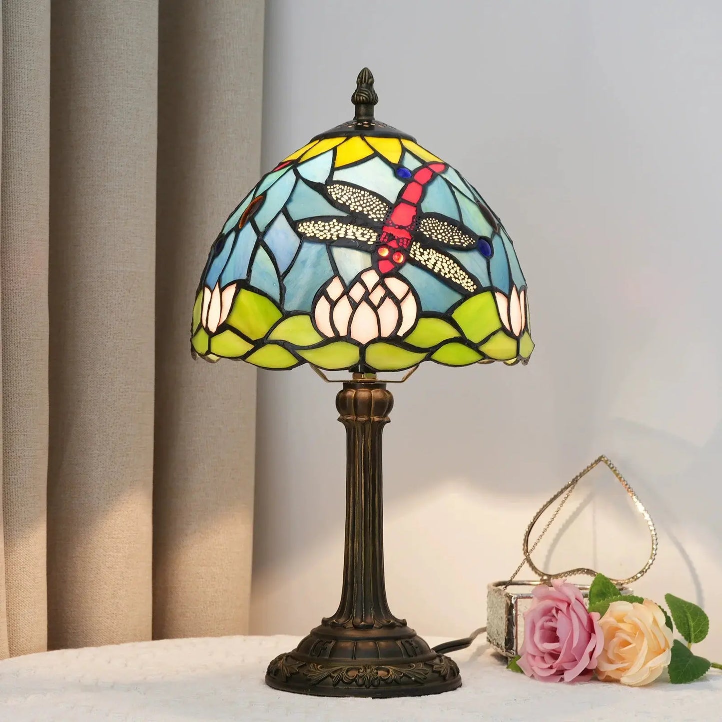 8inch 20cm Stained Glass Garden Lotus Lampshade Tiffany Dragonfly Table Lamp - CTL
