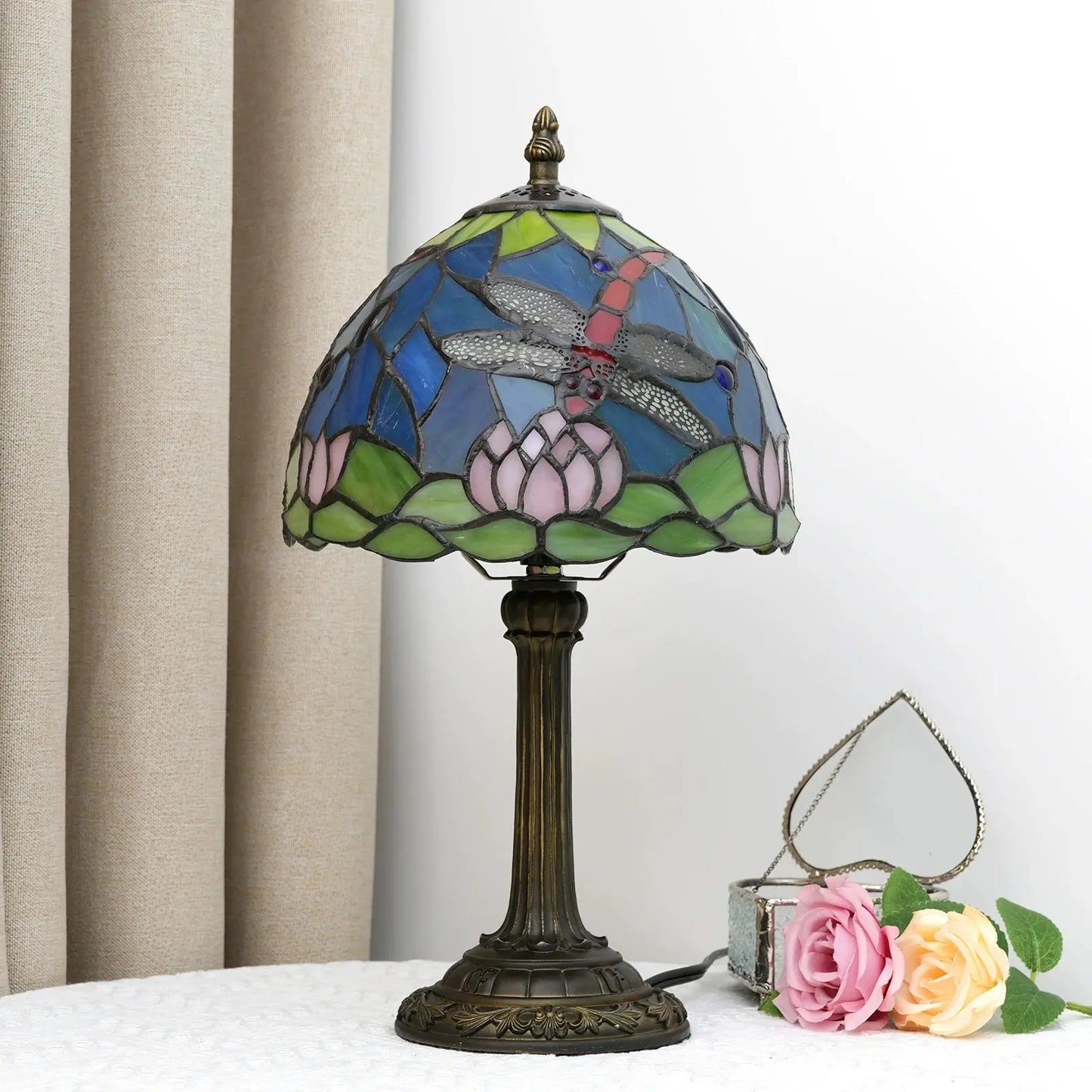 8inch 20cm Stained Glass Garden Lotus Lampshade Tiffany Dragonfly Table Lamp - CTL