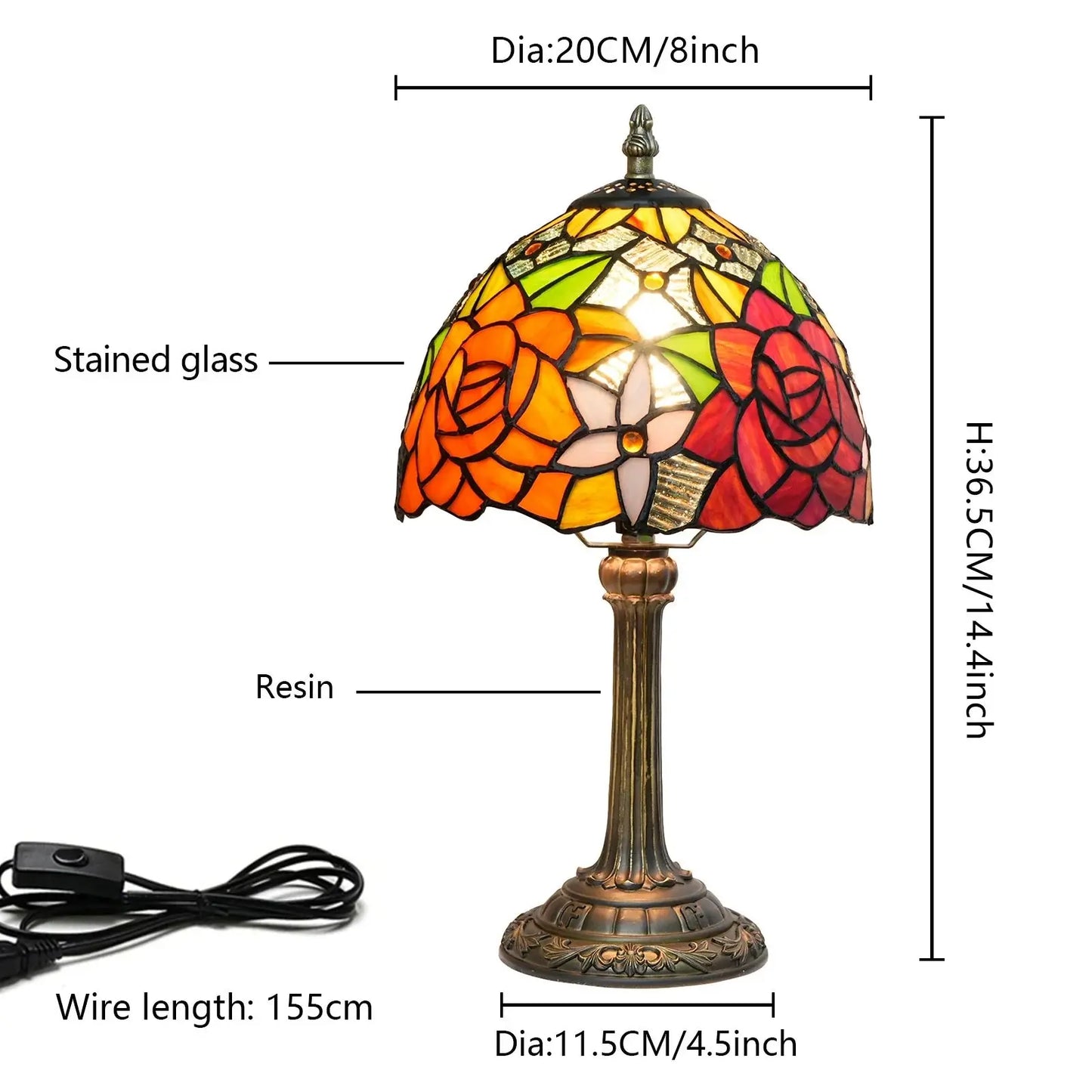 8inch 20cm Stained Glass Table Lamp Garden Rose Lampshade Tiffany Desk Lamp - CTL