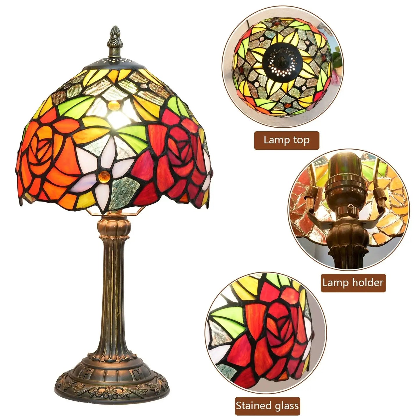 8inch 20cm Stained Glass Table Lamp Garden Rose Lampshade Tiffany Desk Lamp - CTL