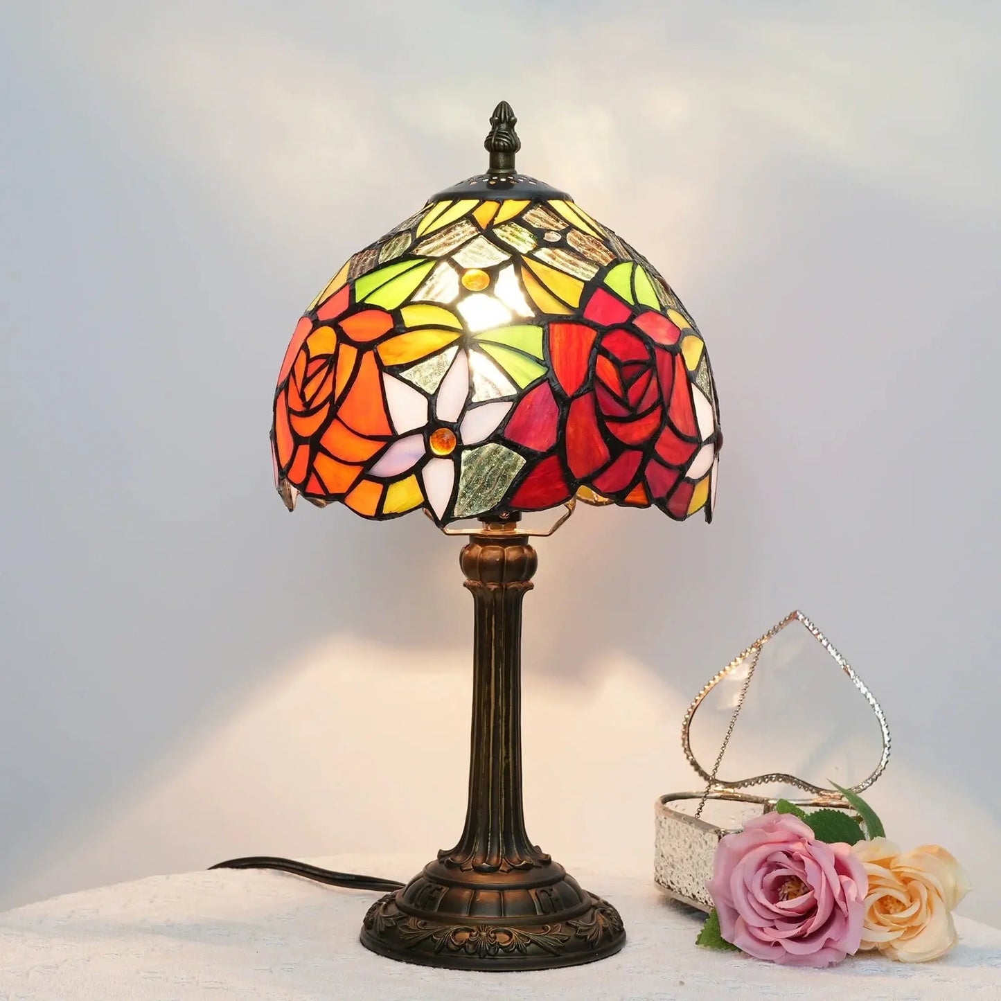 8inch 20cm Stained Glass Table Lamp Garden Rose Lampshade Tiffany Desk Lamp - CTL