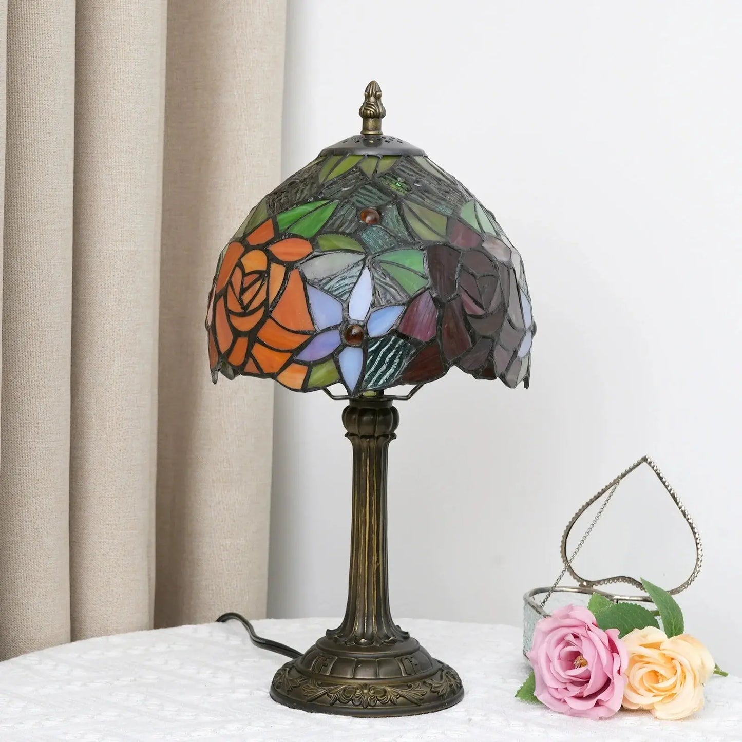 8inch 20cm Stained Glass Table Lamp Garden Rose Lampshade Tiffany Desk Lamp - CTL