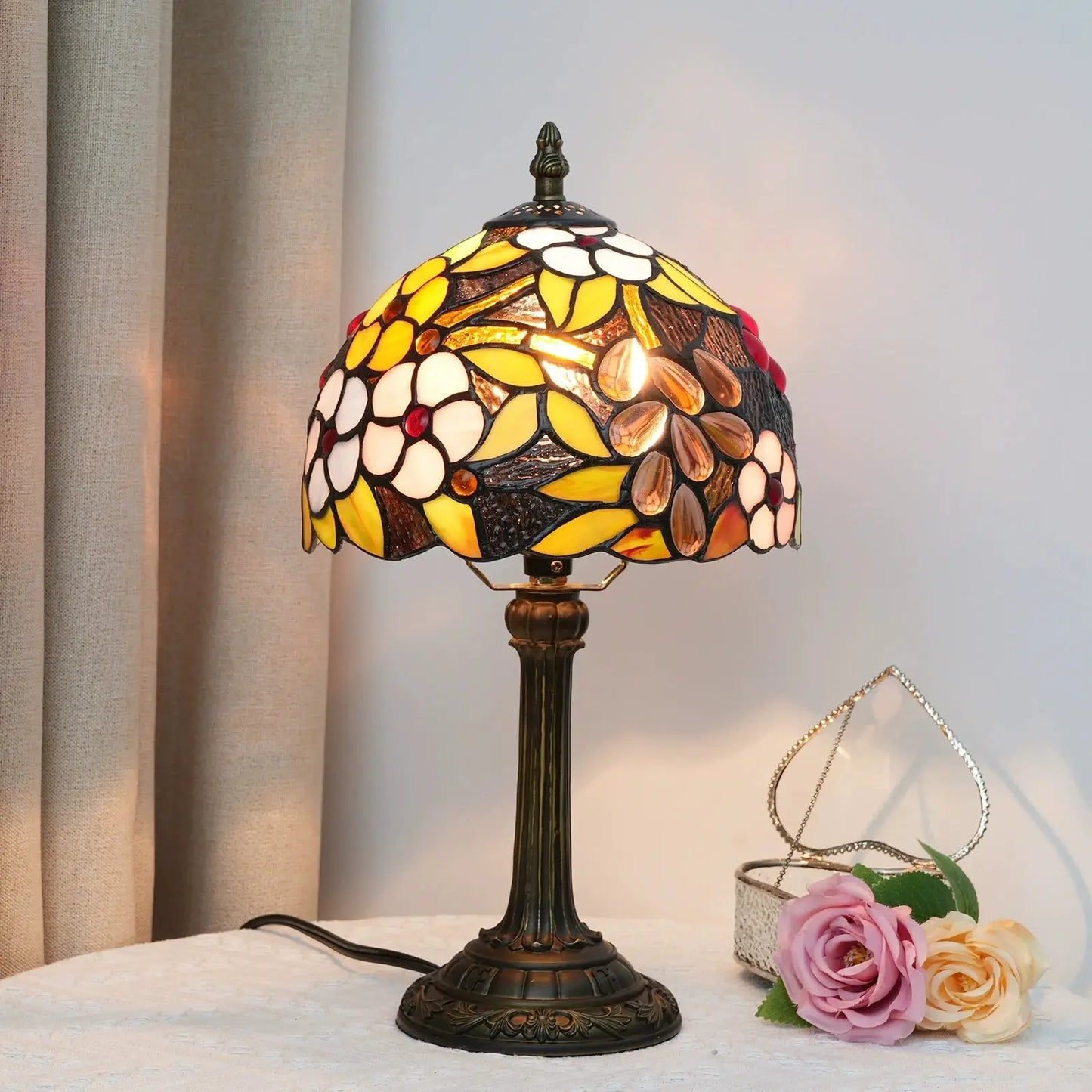 8inch 20cm Tiffany Stained Glass Garden Grape Flower Lampshade Vintage Table Lamp - CTL