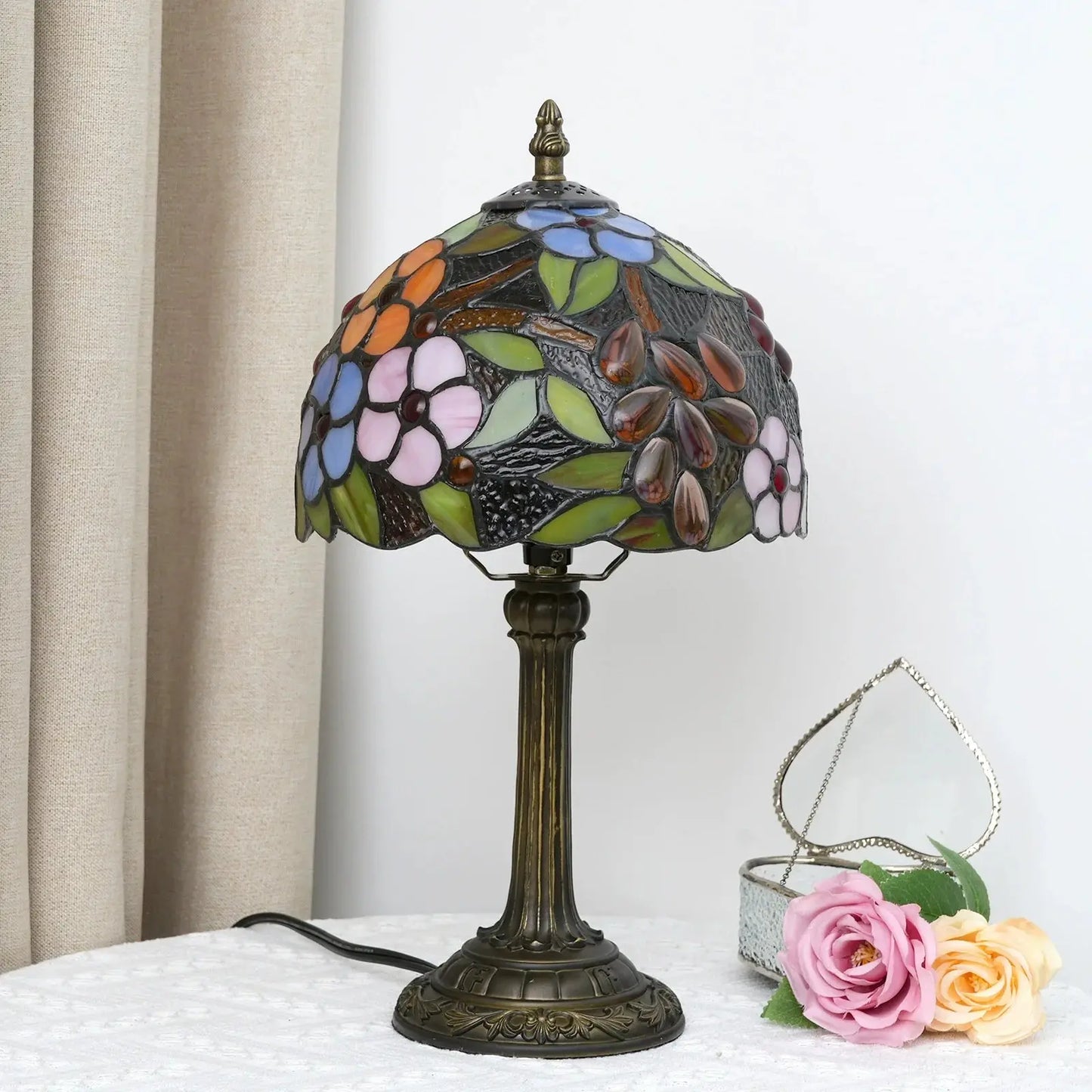 8inch 20cm Tiffany Stained Glass Garden Grape Flower Lampshade Vintage Table Lamp - CTL