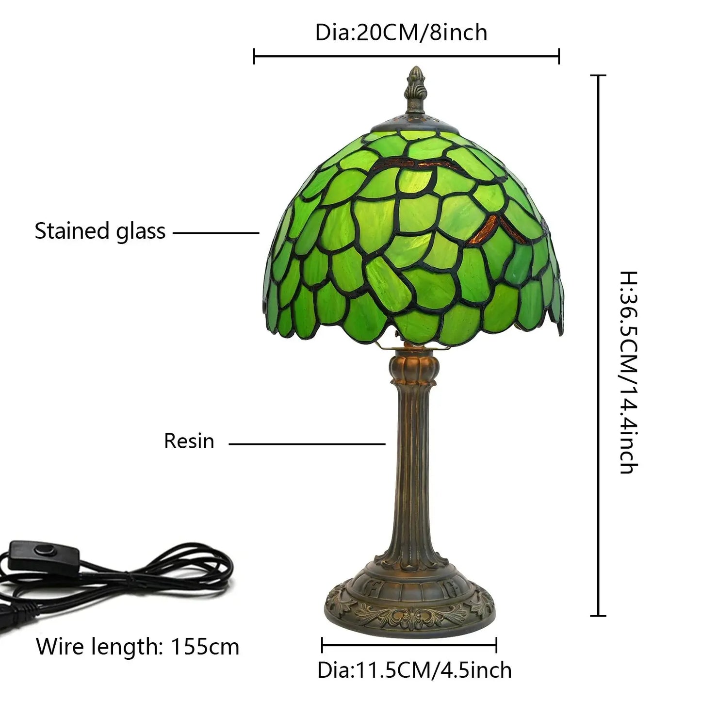 8inch 20cm Tiffany Stained Glass Green Leaf Lampshade Bedroom Bedside Table Lamp - CTL