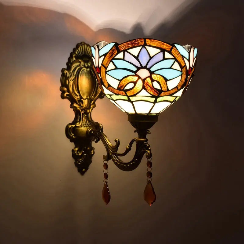 8inch Antique Tiffany Style Lamp Stained Glass Pastoral Floral Lampshade Wall Sconce - CTL