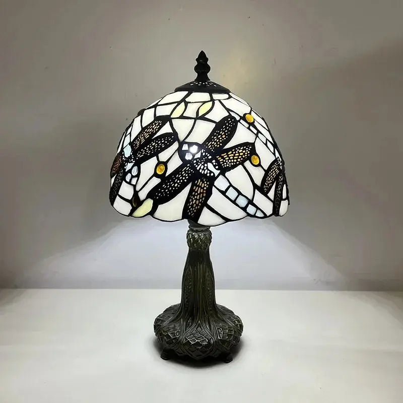 8inch 20cm Vintage Country Stained Glass Flower Dragonfly Lampshade Tiffany Table Lamp - CTL