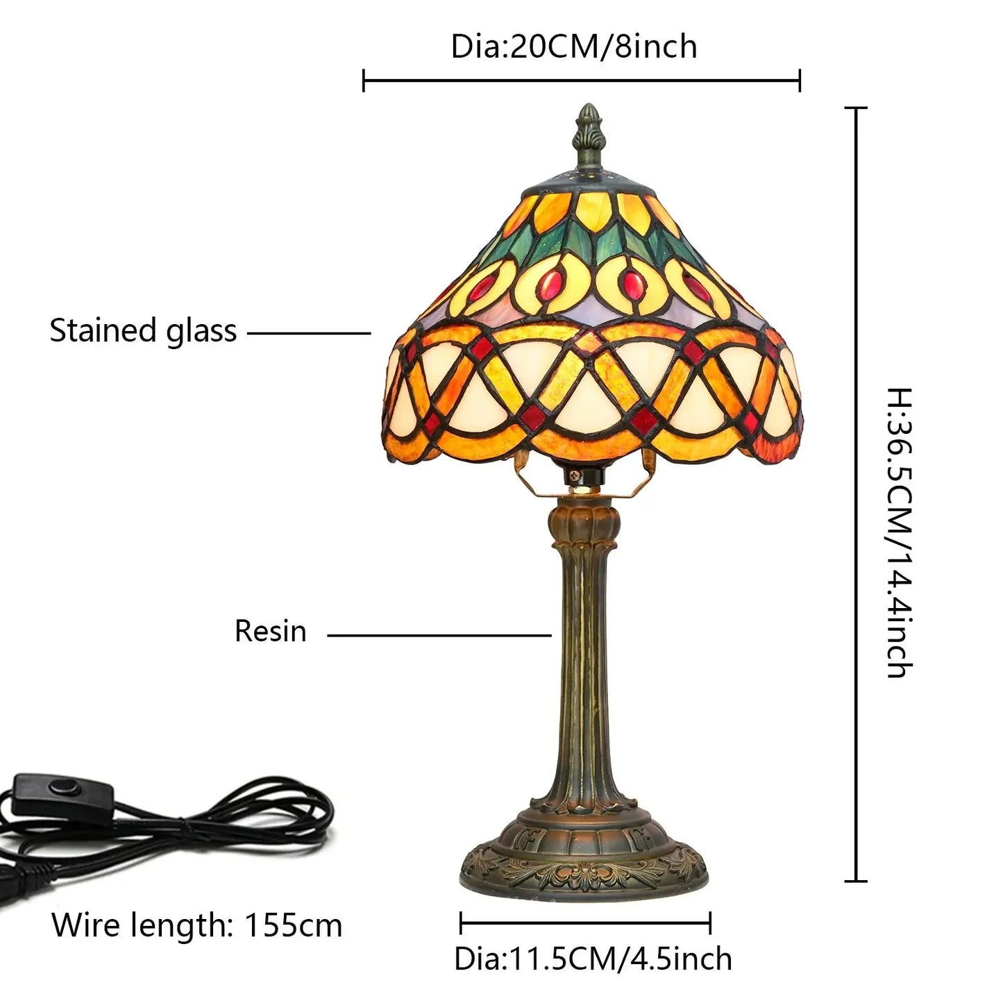 8inch Stained Glass Peacock Feather Lampshade Tiffany Style Bedside Table Lamps - CTL