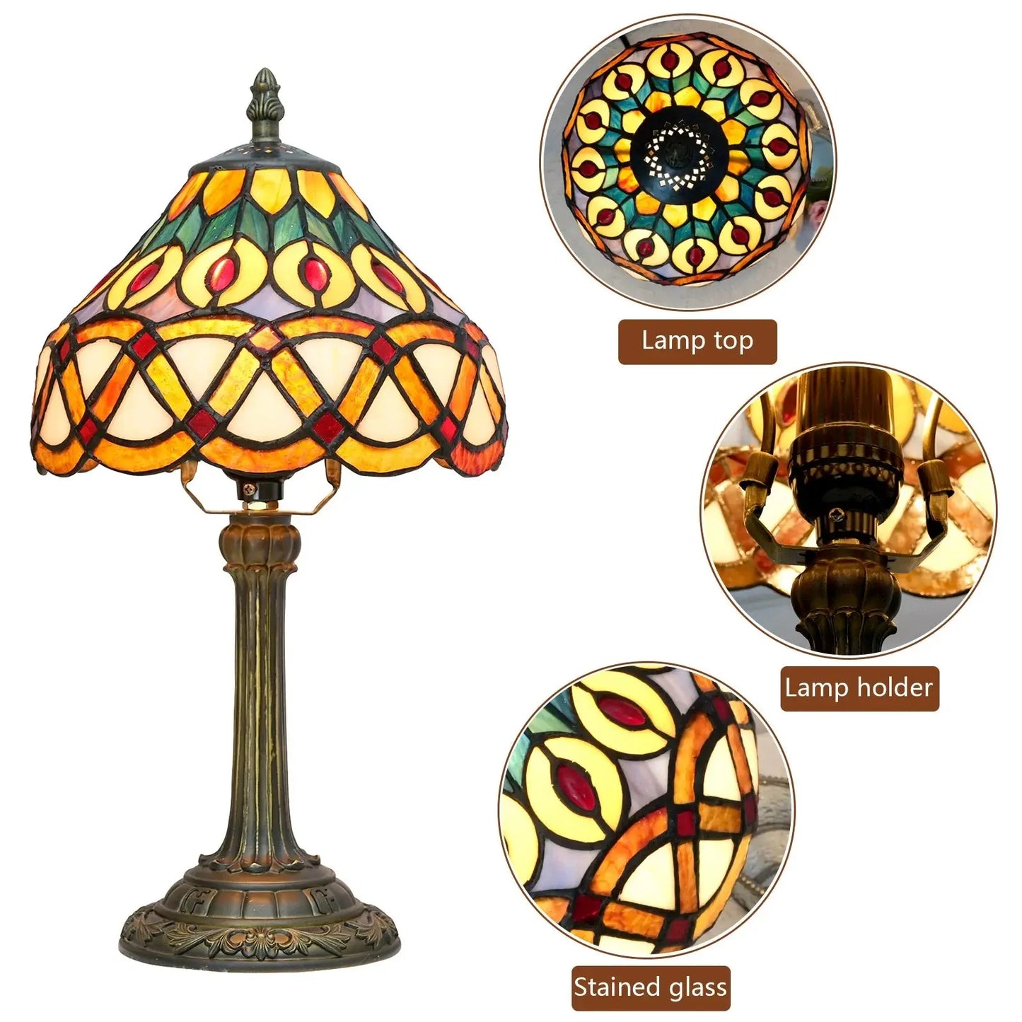 8inch Stained Glass Peacock Feather Lampshade Tiffany Style Bedside Table Lamps - CTL