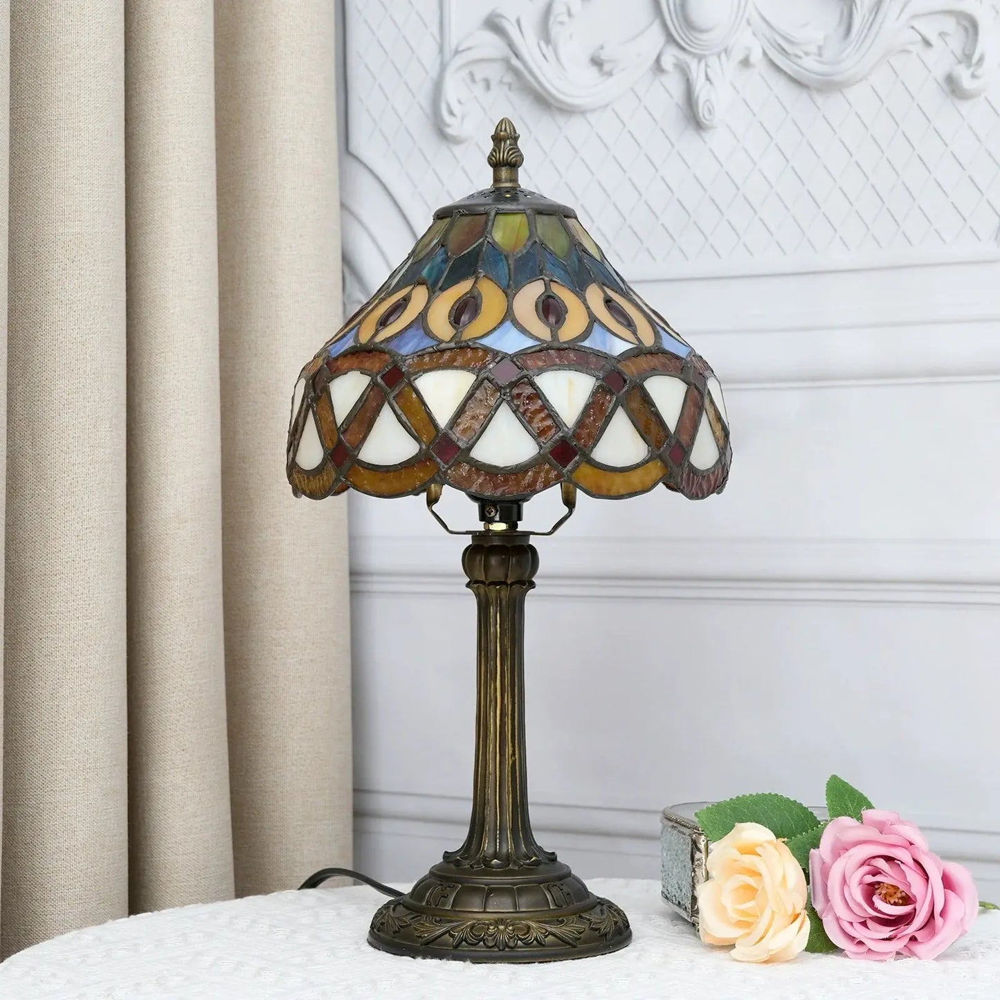 8inch Stained Glass Peacock Feather Lampshade Tiffany Style Bedside Table Lamps - CTL