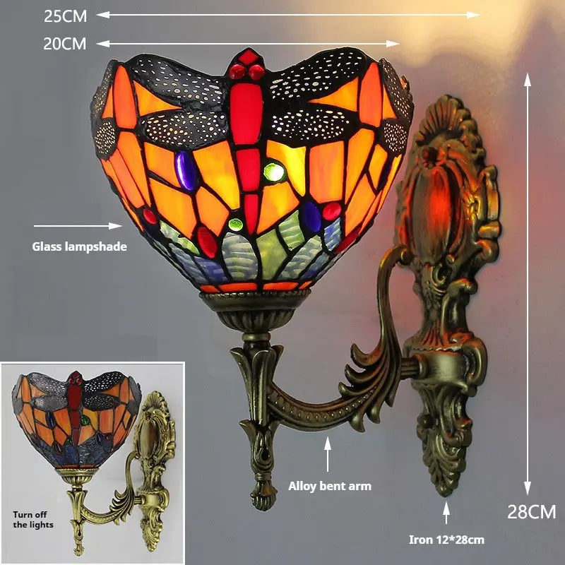 8inch Antique Tiffany Dragonfly Lamps Stained Glass Orange Wall Sconce - CTL