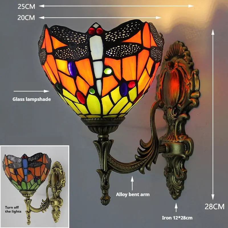 8inch Antique Tiffany Stained Glass Green Dragonfly Wall Sconce - CTL