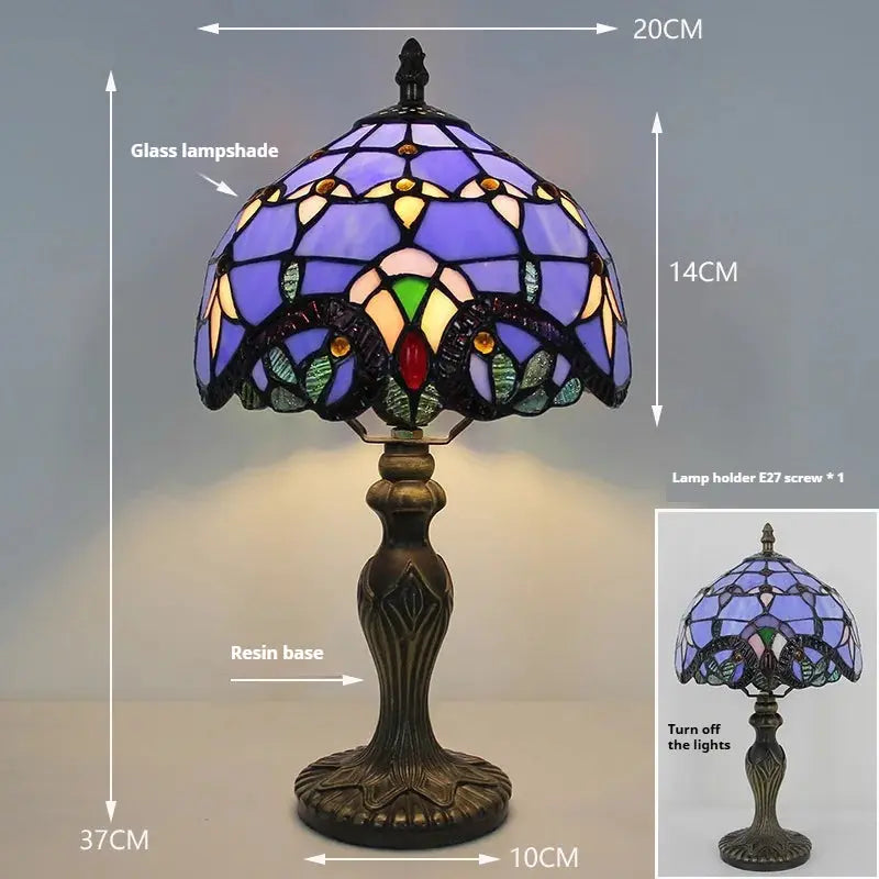 8inch Antique Stained Glass Table Lamp Baroque Blue Lampshade Tiffany Desk Light - CTL