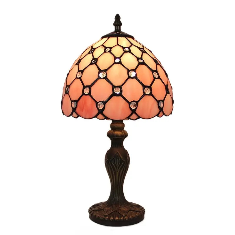 8inch Retro Stained Glass Desk Light Pearl Beads Lampshade Pink Tiffany Style Lamp - CTL