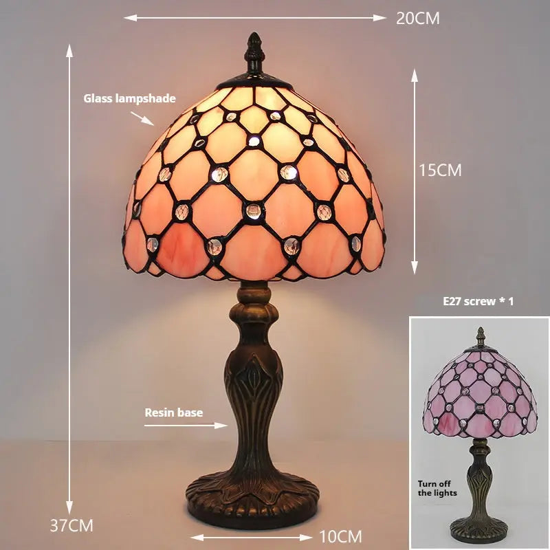 8inch Retro Stained Glass Desk Light Pearl Beads Lampshade Pink Tiffany Style Lamp - CTL