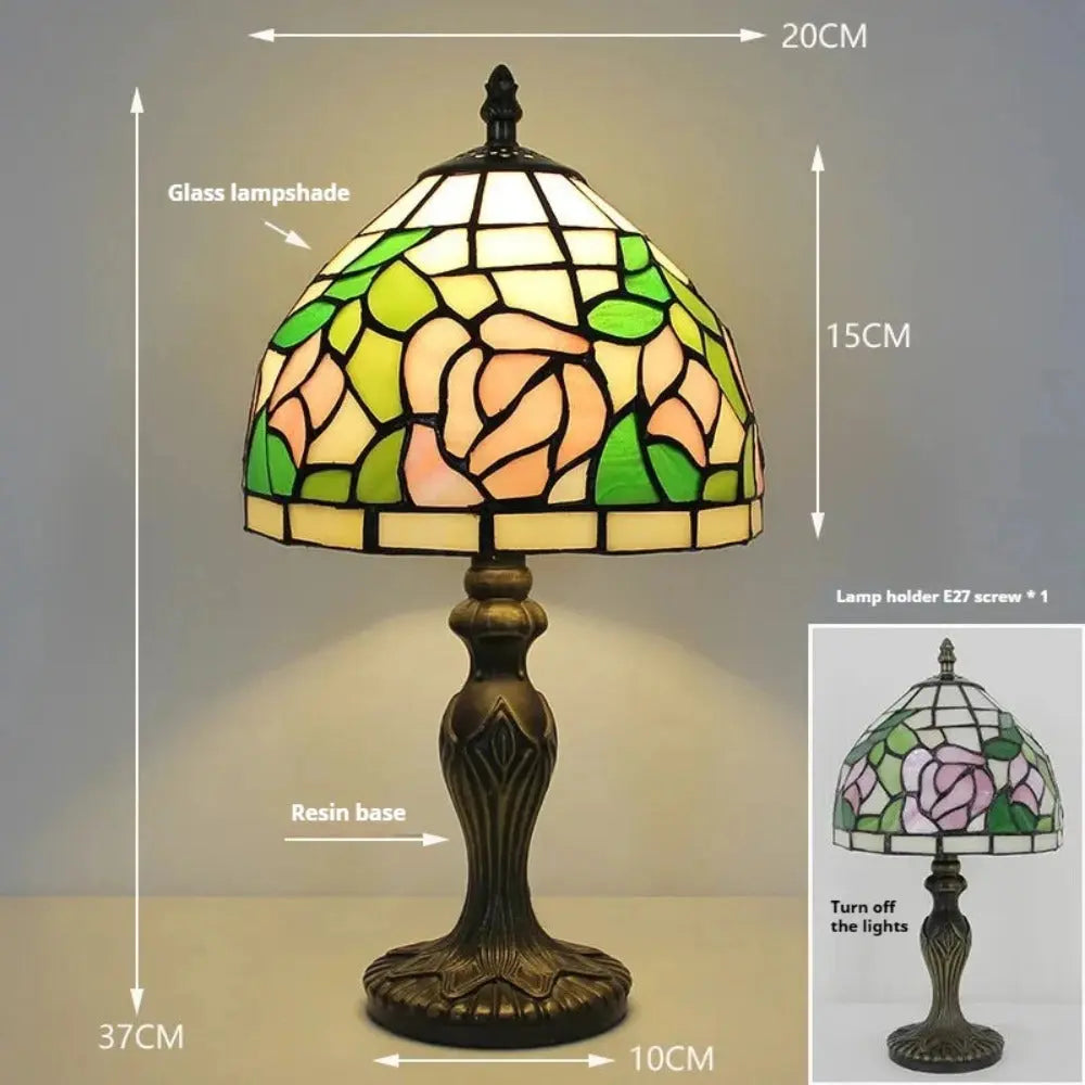 8inch Stained Glass Tiffany Style Lamp Pink Rose Lampshade Table Light - CTL