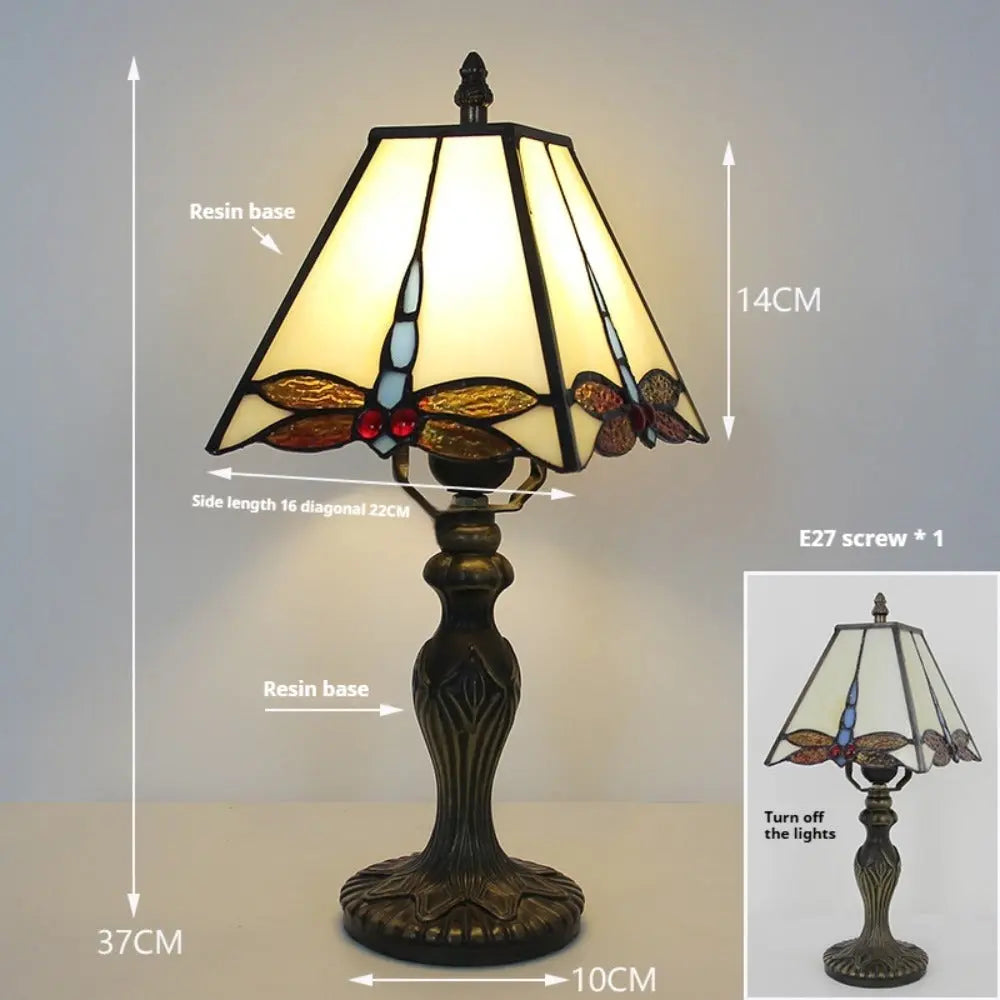 8inch Retro Stained Glass Dragonfly Beige Lampshade Square Tiffany Table Lamps - CTL