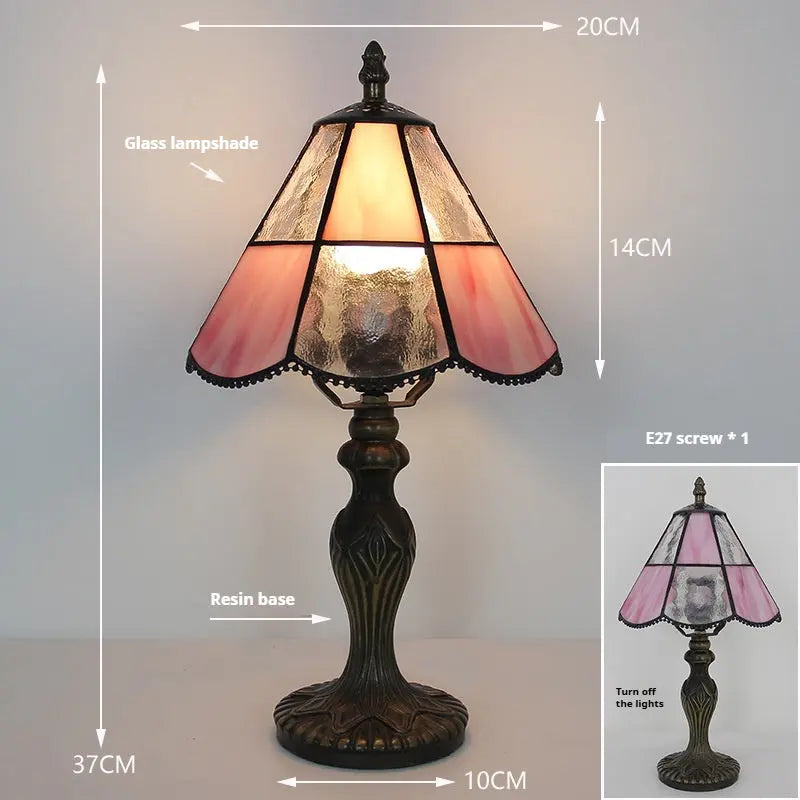 8inch Antique Stained Glass Table Lamp with Square Pink Diamond Lampshade - CTL
