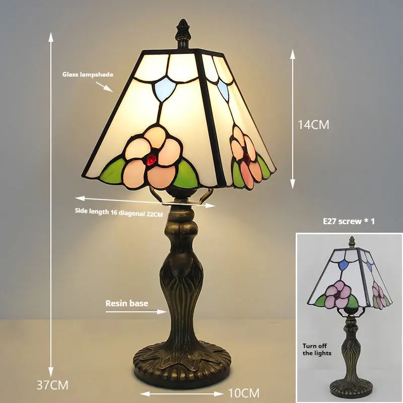 8inch Vintage Tiffany Square Lamp Desk Light with Stained Glass Beige Lampshade - CTL