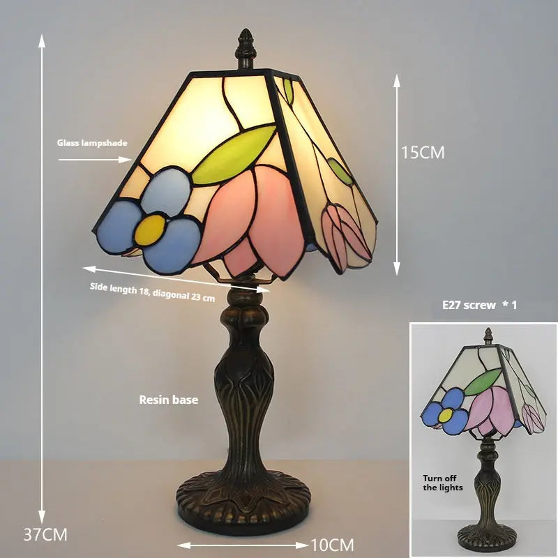 8inch Stained Glass Square Rose Lampshade Tiffany Bedside Lamps Table Light - CTL