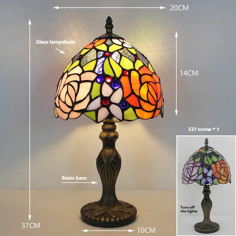8inch Retro Stained Glass Rose Flower Lampshade Tiffany Style Bedside Lamps - CTL