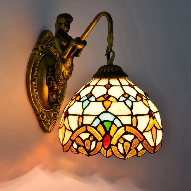 8inch Small Retro Stained Glass Beige Baroque Lampshade Tiffany Wall Sconce - CTL