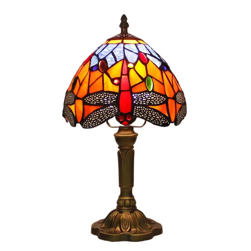 8inch Stained Glass Blue Floral Lampshade Bedside Light Tiffany Dragonfly Lamp - CTL
