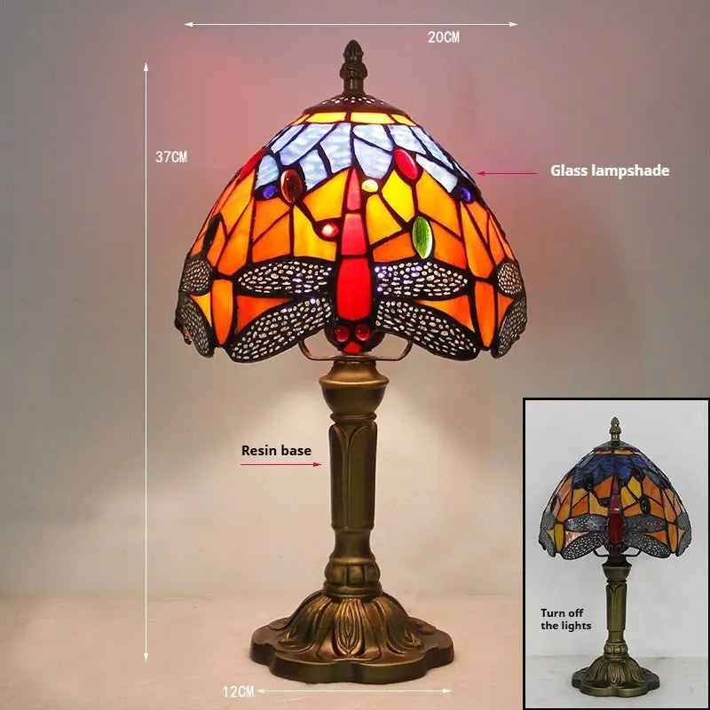 8inch Stained Glass Blue Floral Lampshade Bedside Light Tiffany Dragonfly Lamp - CTL