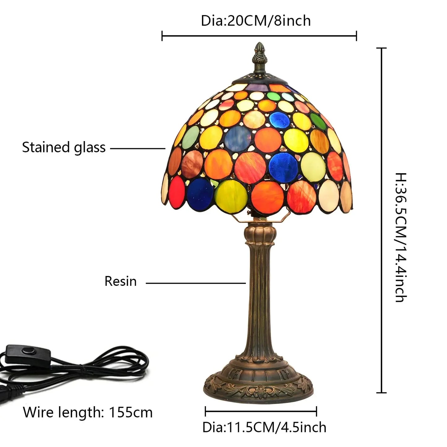 8inch Stained Glass Dazzling Round Colorful Lampshade Tiffany Table Lamp - CTL