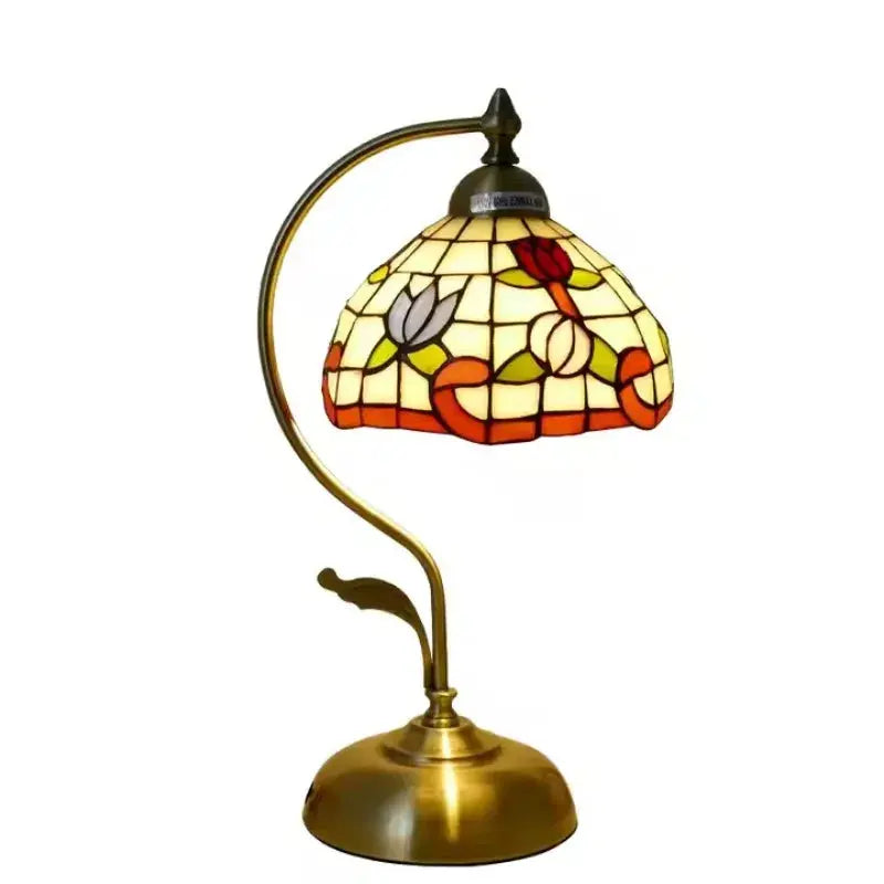 8inch Stained Glass Flowers Lampshade Vintage Curved Bedside Light Tiffany Desk Lamp - CTL