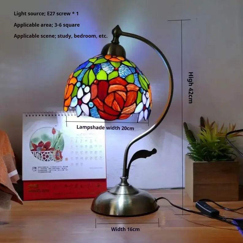 8inch Stained Glass Flowers Lampshade Vintage Curved Bedside Light Tiffany Desk Lamp - CTL