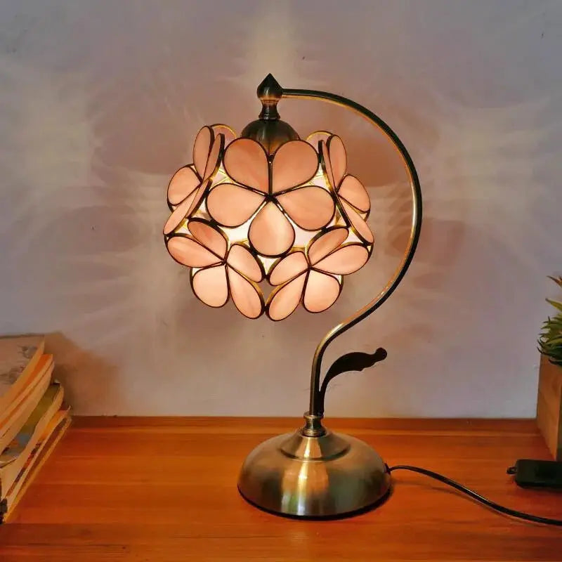 8inch Stained Glass Flowers Lampshade Vintage Curved Bedside Light Tiffany Desk Lamp - CTL