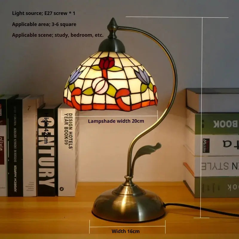 8inch Stained Glass Flowers Lampshade Vintage Curved Bedside Light Tiffany Desk Lamp - CTL