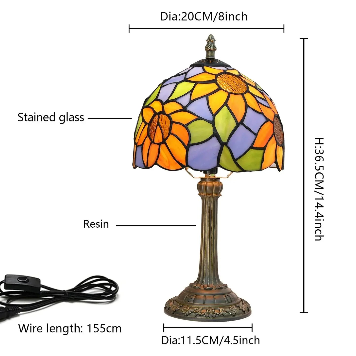8inch Stained Glass Garden Lampshade Sunflower Tiffany Table Lamp - CTL