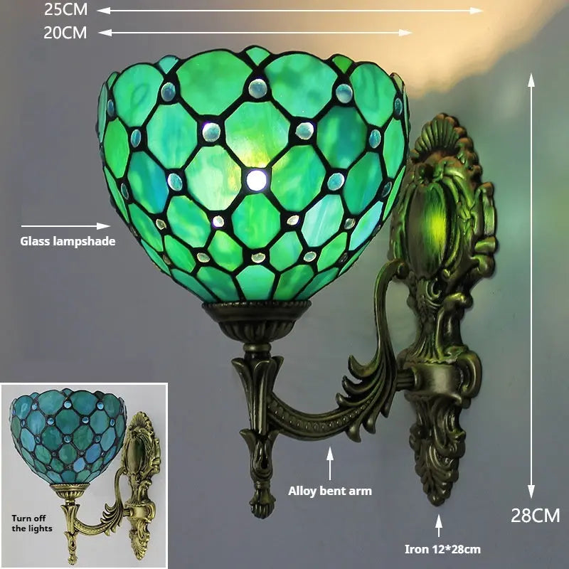 8inch Stained Glass Green Beads Lampshade Tiffany Sconce Antique Outdoor Wall Lights - CTL
