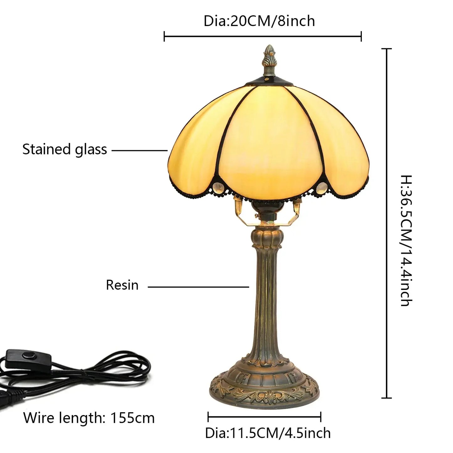 8inch Stained Glass Lampshade Tiffany Table Lamp Bedroom Bedside Light - CTL