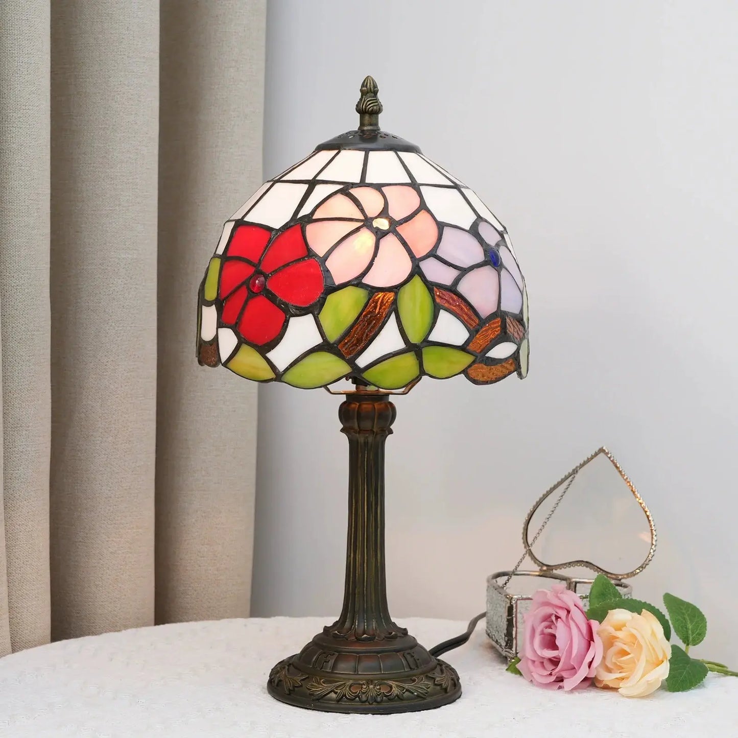 8inch Stained Glass Morning Glory Lampshade Bedside Light Small Tiffany Style Table Lamps - CTL