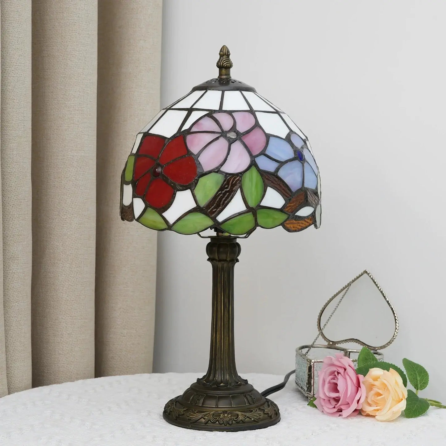 8inch Stained Glass Morning Glory Lampshade Bedside Light Small Tiffany Style Table Lamps - CTL