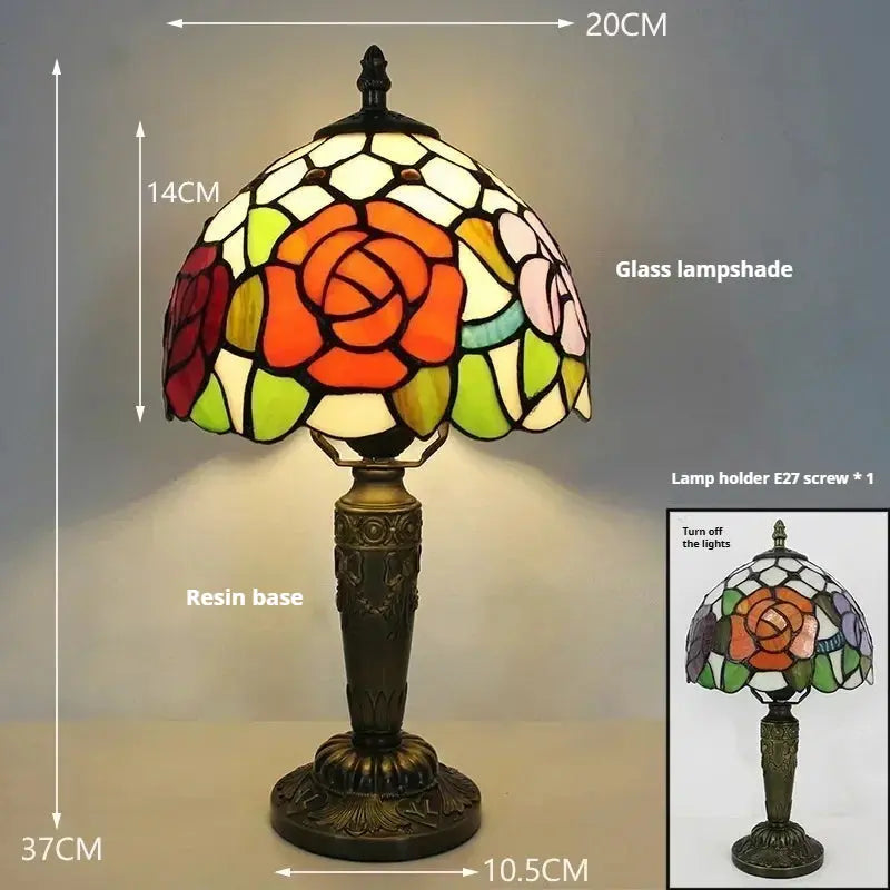 8inch Tiffany Lamp Rose Table Light with Stained Glass Bead Flower Lampshade - CTL