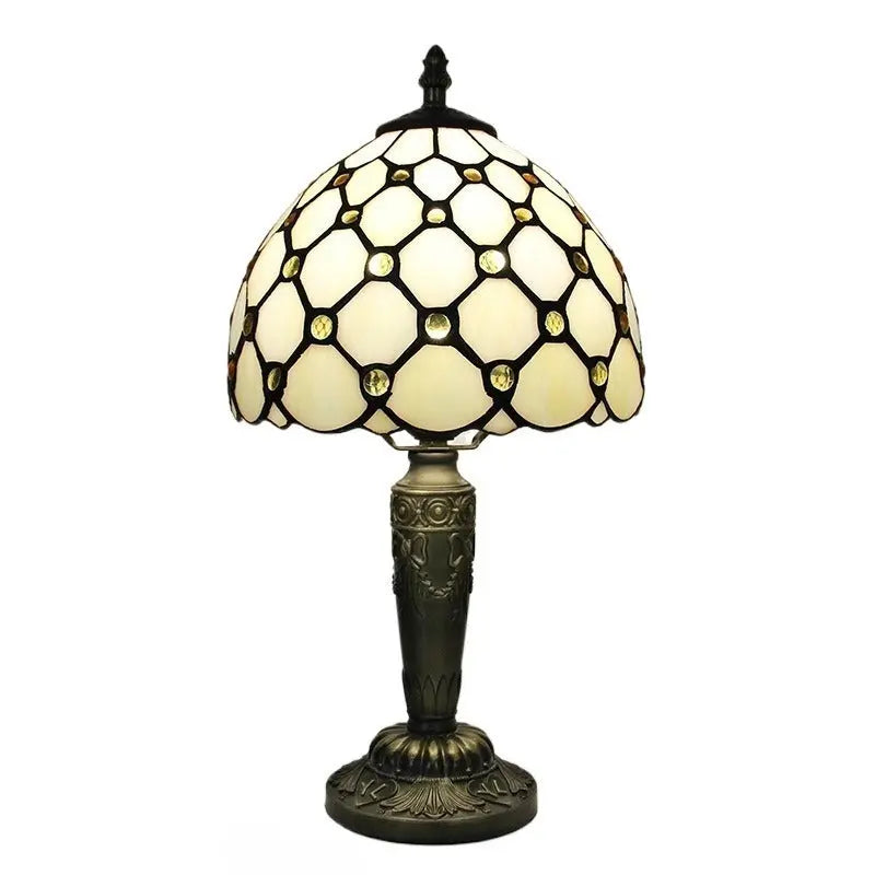 8inch Tiffany Style Stained Glass Table Lamp with Beige Bead Lampshade - CTL