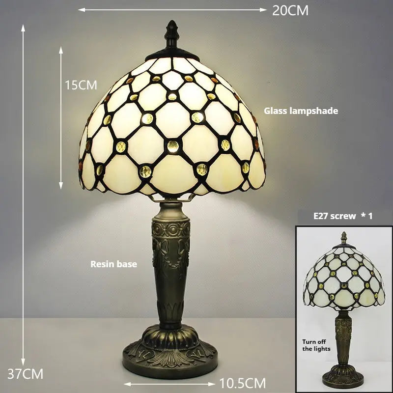8inch Tiffany Style Stained Glass Table Lamp with Beige Bead Lampshade - CTL