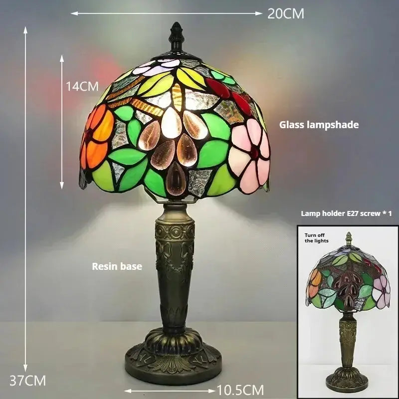 8inch Stained Glass Pastoral Grapes Flower Lampshade Tiffany Style Bedside Lamps - CTL