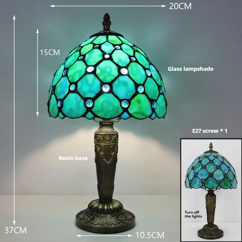 8inch Antique Stained Glass Bead Lampshade Tiffany Lamp Green Table Light - CTL