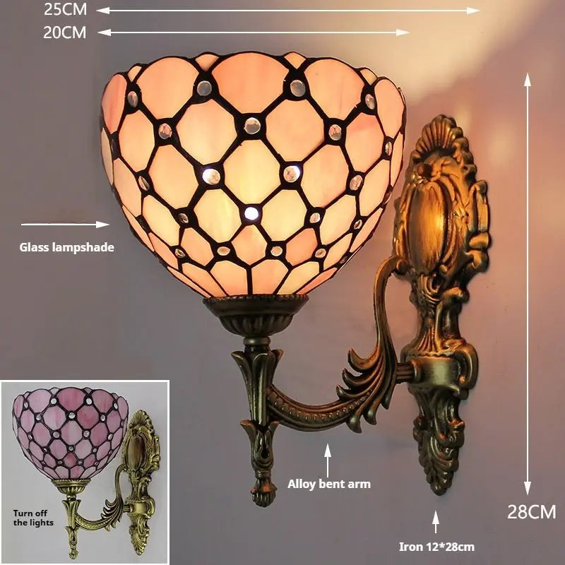 8inch Stained Glass Pastoral Pink Beads Tiffany Sconce Mid Century Wall Lamp - CTL