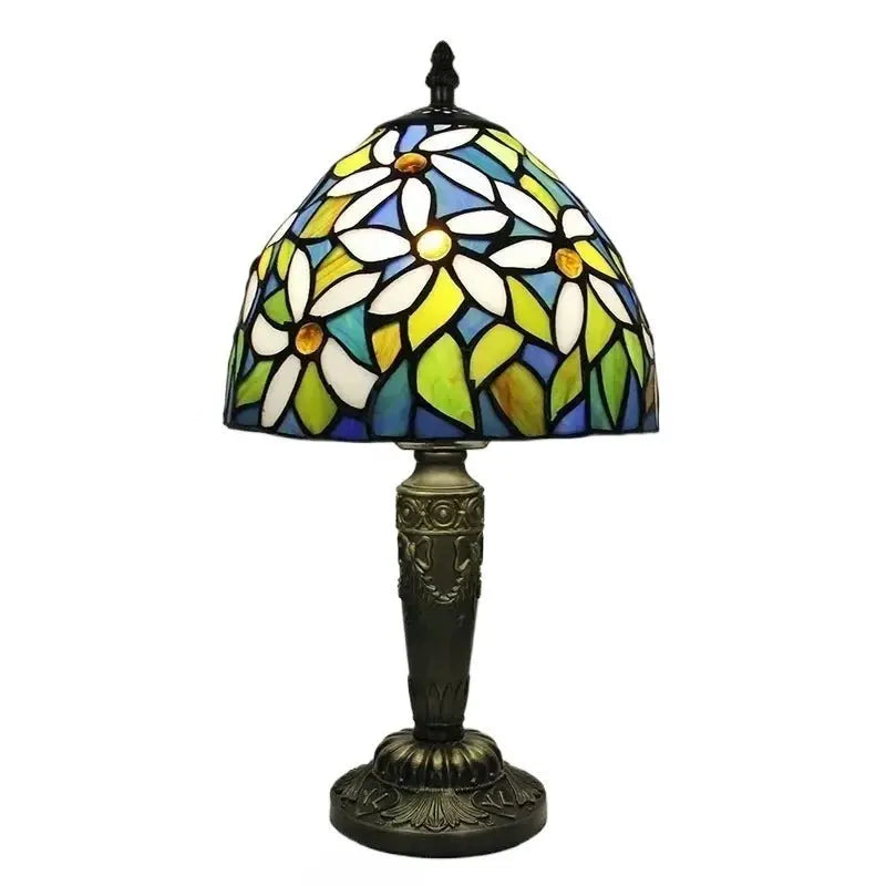 8inch Stained Glass Tiffany Style Lamp with White Floral Lampshade - CTL