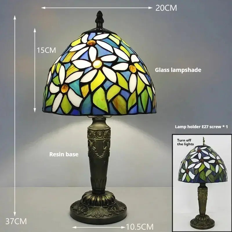 8inch Stained Glass Tiffany Style Lamp with White Floral Lampshade - CTL