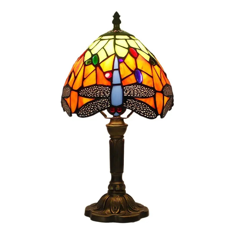 8inch Tiffany Dragonfly Lamp Stained Glass Floral Lampshade Vintage Table Lamp - CTL